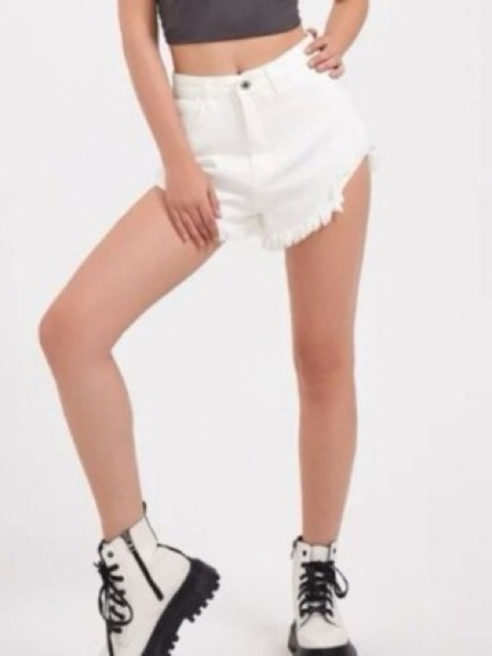 white fable | White Button Fly 100% Cotton Frayed Distressed Denim Jean Shorts